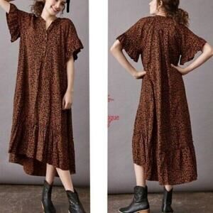 Anthropologie Antoinette Leopard Ruffle Sleeve Midi Dress, Size Small